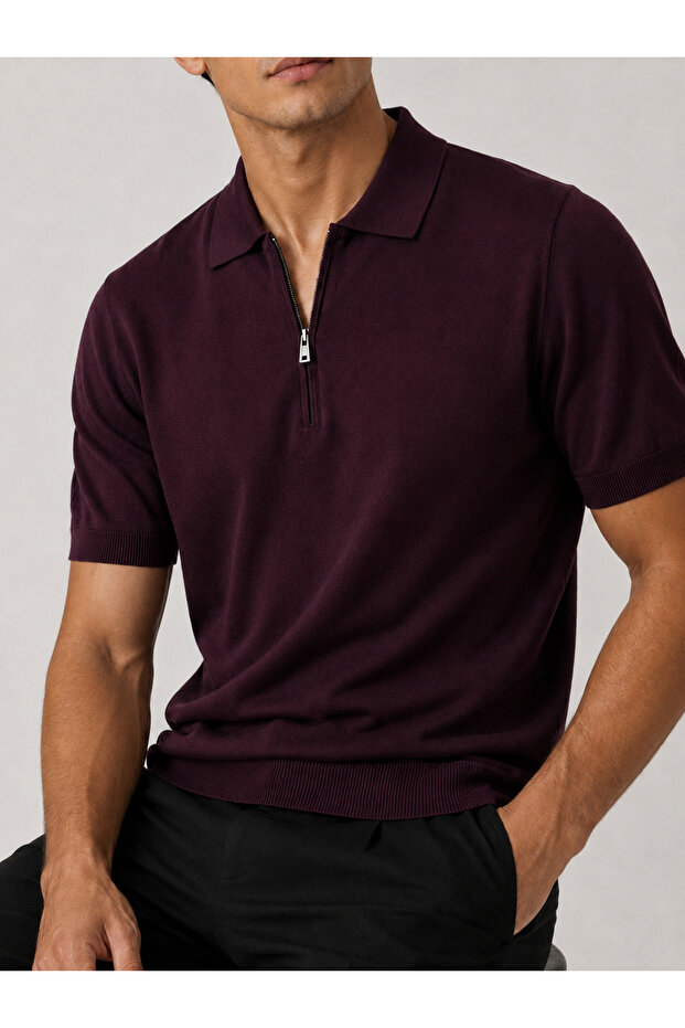 Burgundy Polo Collar Zippered Short Sleeve Men's T-Shirt