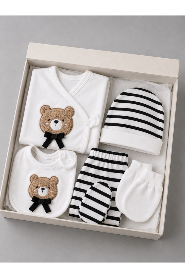 Textured Teddy Bear Detailed Cotton Striped 5-Piece Boxed Newborn Hospital Discharge Set 0-3 Months