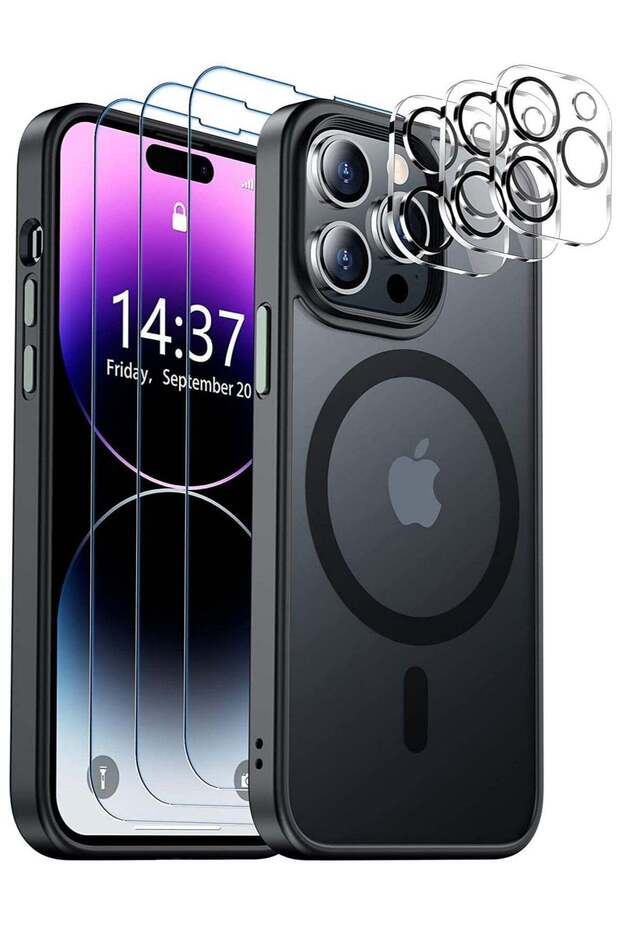 Magnetic Designed for iPhone 14 Pro Max Case, Translucent with Aluminum Alloy Button, 3 Pack
