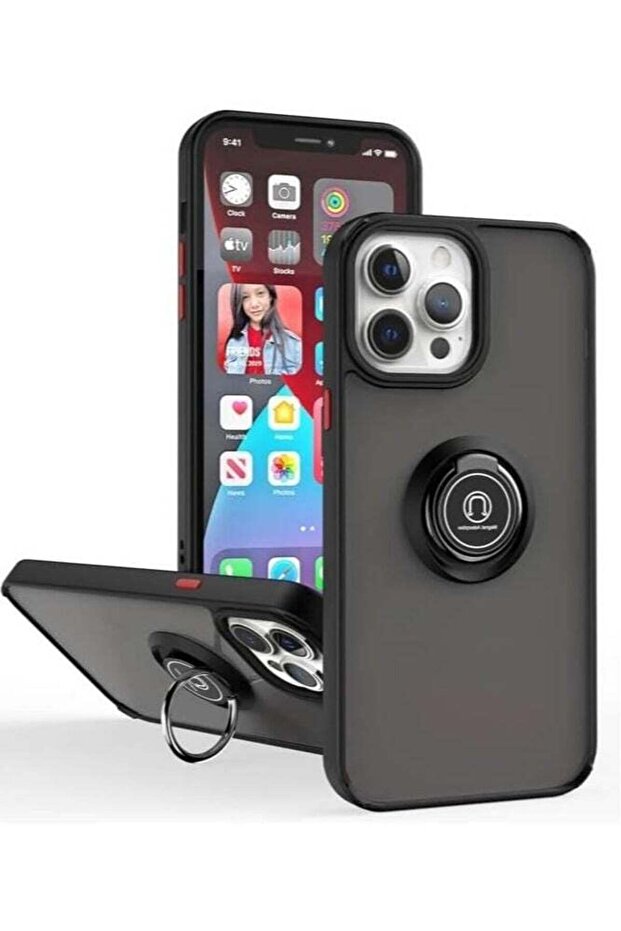 Case for iPhone 15 Pro Max Metal Ring Holder Grip Kickstand Magnetic Shockproof Bumper (Black+Red)