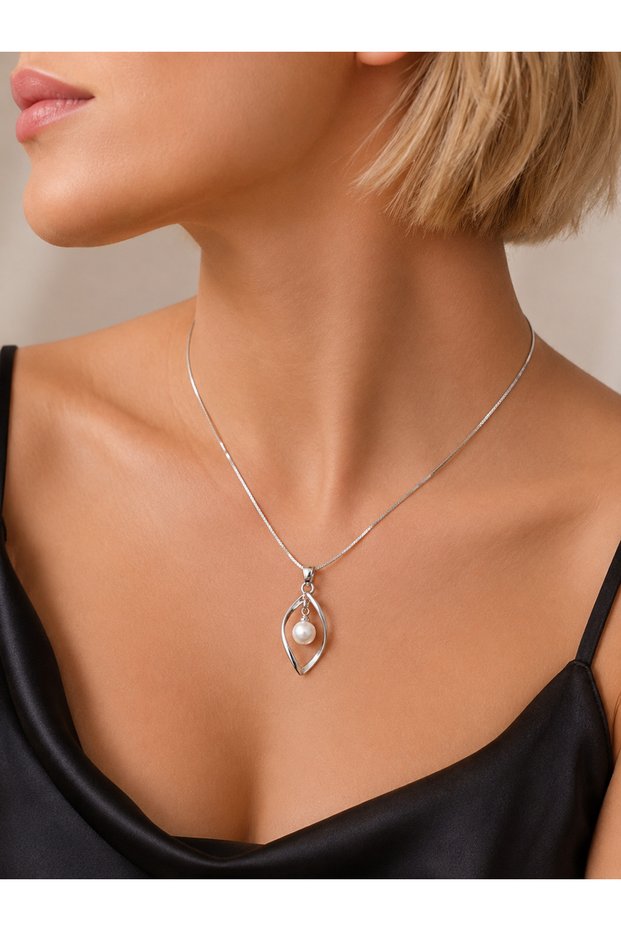 Pearl Detailed Silver Color Drop Design Women's Necklace