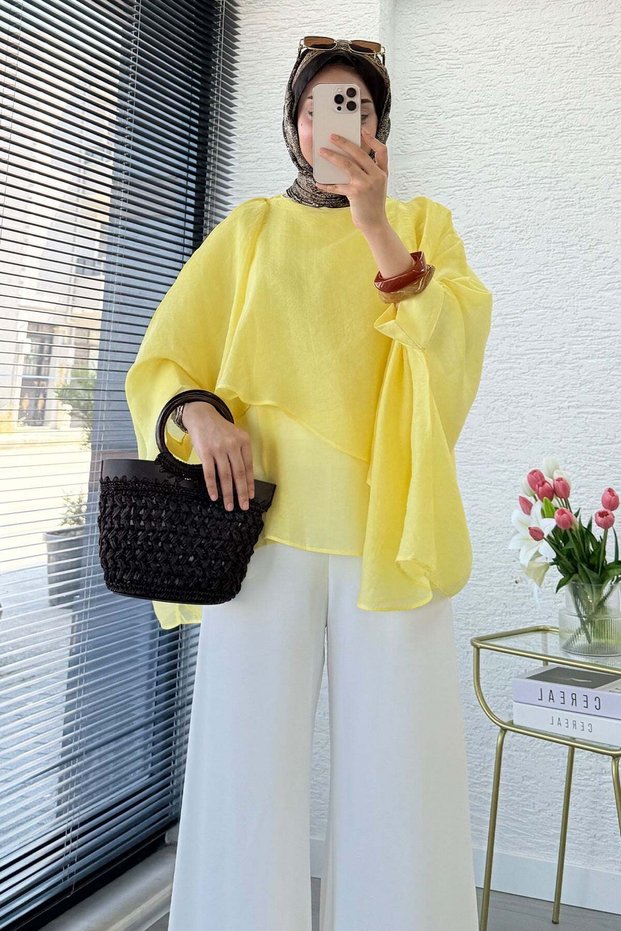 Premium Bat Sleeve Shawl Collar Voile Blouse - Yellow