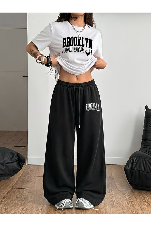 Unisex Brooklyn Printed Oversize Tshirt and Baggy Sweatpants - Summer Two-Piece Tracksuit Set