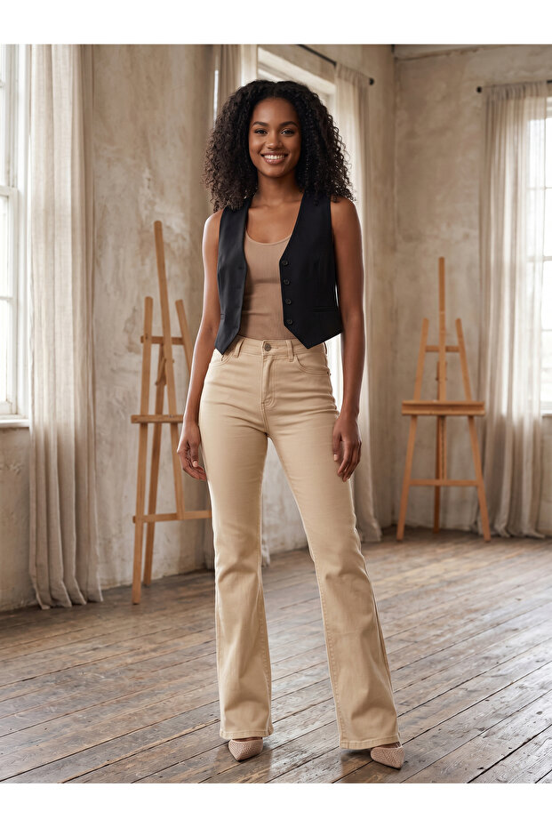 Comfort Jeans Women's Beige Lycra Stretchy High Waist Flared Jeans Trousers
