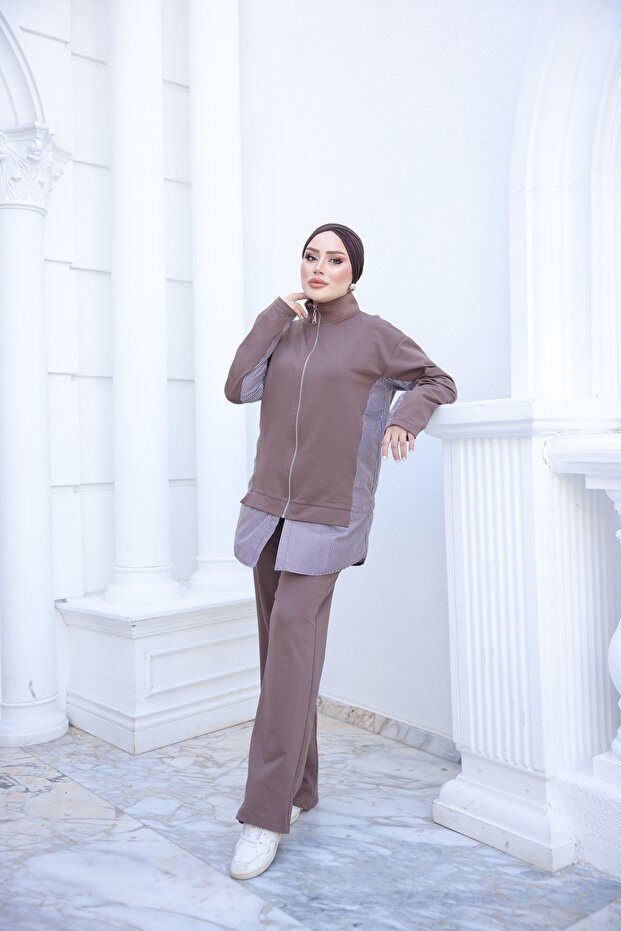 Women's Striped Garnished Zippered Hijab Bottom - Top Set