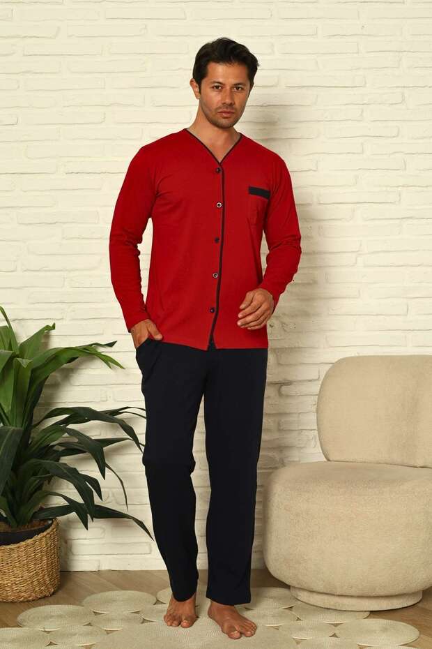 Front Buttoned Men's Pajama Set - Burgundy Long Sleeve Lycra Cotton 1230Uy