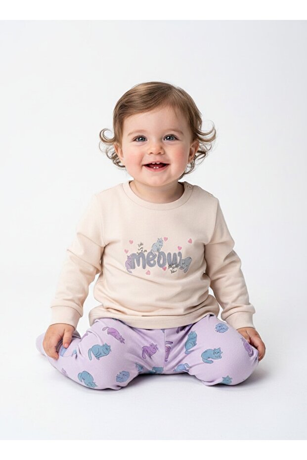 1-4 Years Old Girls' 100% Cotton Combed Cotton Long Sleeve Pajama Set with Cat Pattern