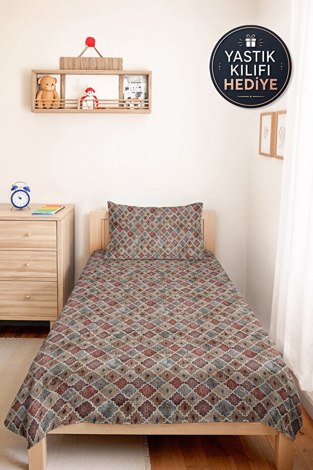 Bohemian Geometric Beige Single Pique Set - Blue Dried Rose Authentic Summer Bedspread 160X220 cm