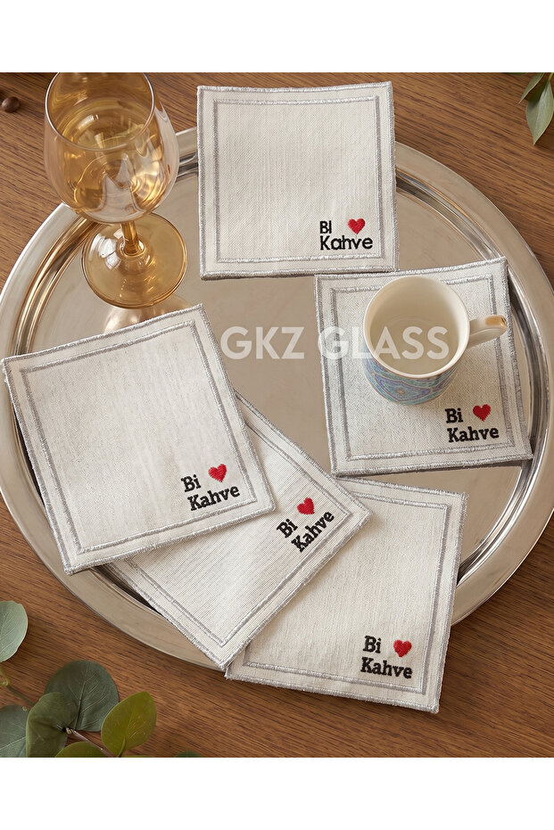 6 Linen Fabric Embroidered Coffee Side Cocktail Napkins & Coasters Serving Napkins