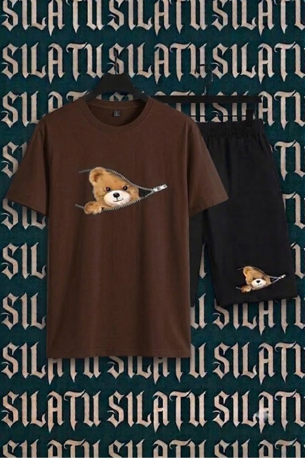 Unisex Zippered Bear Printed Shorts and T-Shirt Set