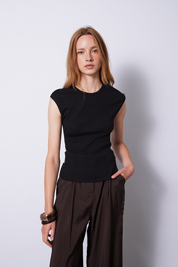 Stitched Detail Cotton Top Black