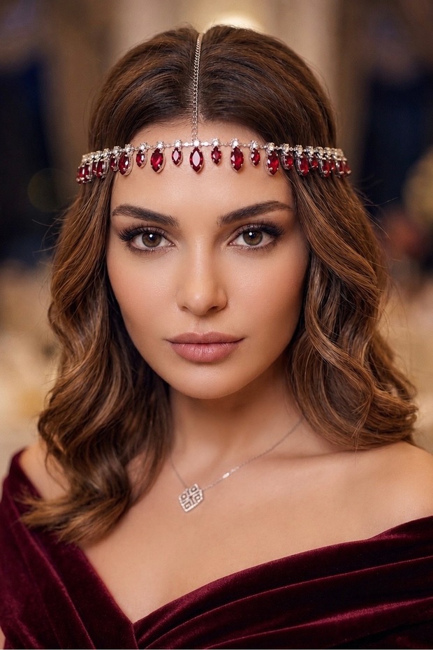 إكسسوار رأس العروس مرصع بالكريستال مع سلسلة