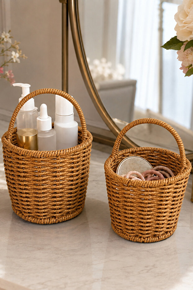 Set of 2 Rattan Basket with Handles Large and Small Decorative Organizer Basket Bathroom Kitchen Living Room Organizer