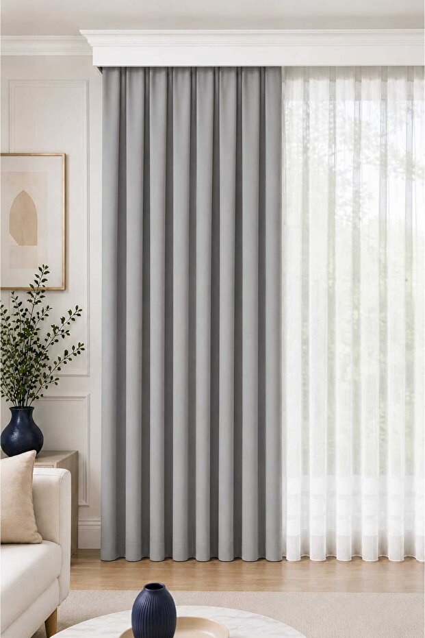 1/3 Regular Pleated Background Curtain Gray 100X250 cm (260/270 Length Options) Single Panel Soft Fabric Modern Decorative Living Room Curtain