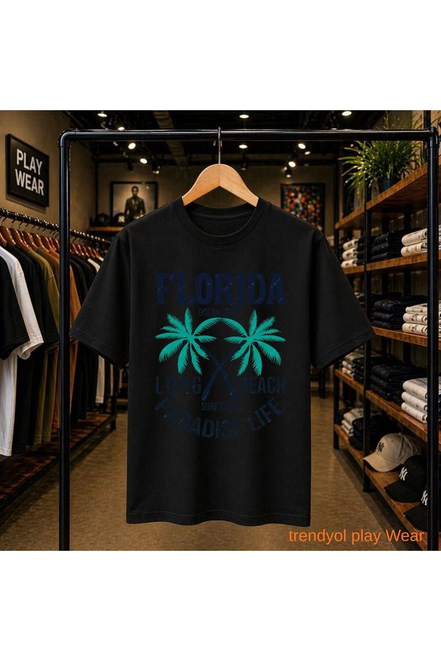 Florida Long Printed 100% Cotton Oversize Loose Regular Fit Crew Neck T-Shirt