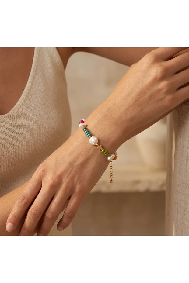 Colorful Beaded Pearl Detailed Star Figured Women's Bracelet