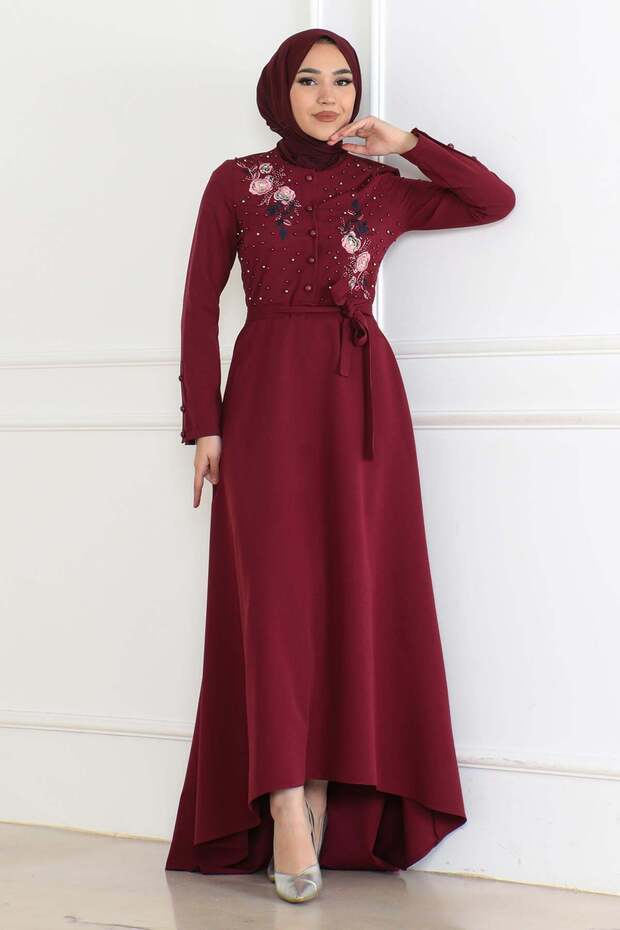 Embroidery detailed dress burgundy 6119
