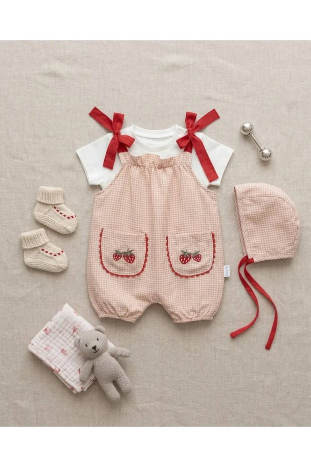 Baby Girl Strawberry Embroidered Gingham Salopet & T-Shirt Set - Salmon