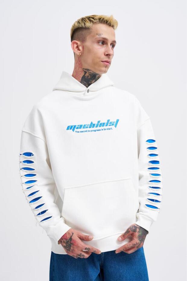Men's Ripped Effects Sleeves Hooded Sweatshirt Ecru
