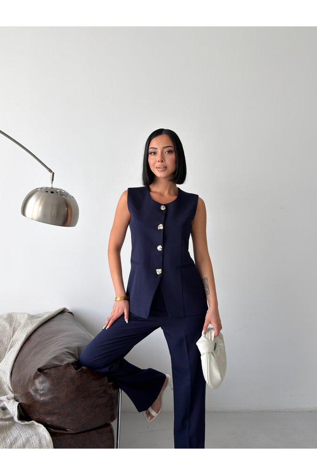 Women's Gold Button Detailed Vest and Trousers Two-Piece Set - Navy Blue