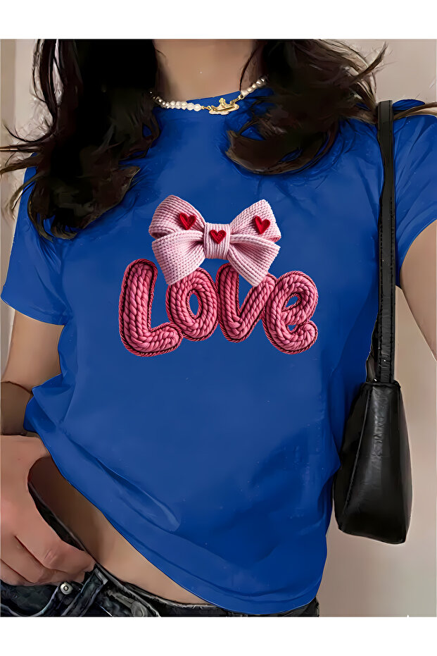 تي شيرت قطني كبير الحجم مطبوع عليه Love Bowknot