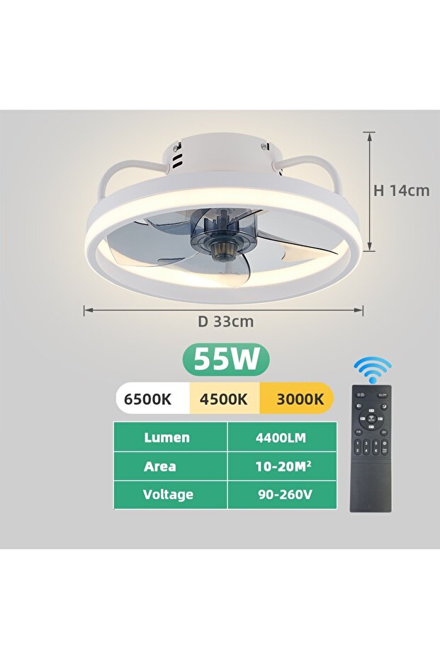 مروحة سقف LED حديثة بيضاء طراز A بجهد 85-265 فولت، محرك تيار مستمر، 6 سرعات، مؤقت، مروحة منخفضة الارتفاع للعلية، ريمو