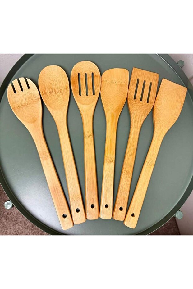 YELLOW 6-Piece Wooden Utensil Set - Natural Bamboo Spoons & Spatulas for Cooking, Kitchen Gadgets, E