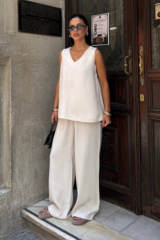 Women's V-Neck Sleeveless Blouse Pants Modal Touch Woven Set
