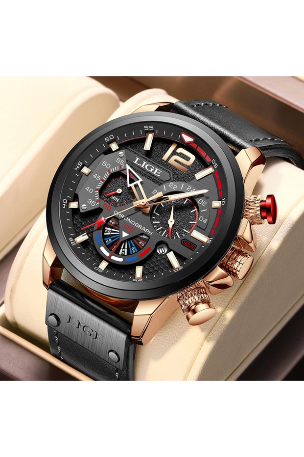 LIGE gold black LIGE Outdoor Sport Watches for Men Fashion Business Leather Quartz Man Wristwatch To