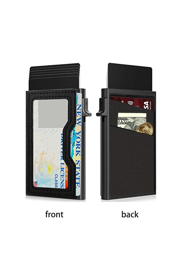 Black RFID Blocking Pop Up Card Holder, Slim Front Pocket Unisex Wallet with ID Window, Minimalist C
