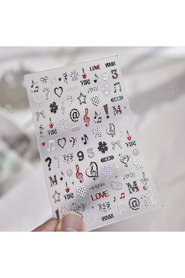 NAILFYOU TO5840 5D Nail Stickers Fresh Black White Music Element Clef Note Heart Dot Bow Clover Paw