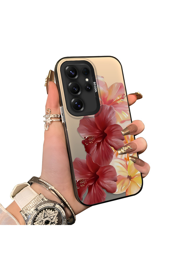 Samsung Galaxy S25 Ultra Compatible Silicone Edge Hard Back Case Couple Phone Case with Floral Pattern