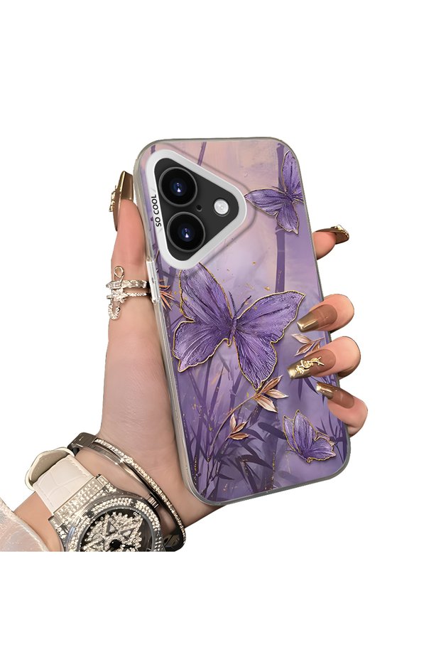 iPhone 16 Plus Compatible Silicone Edge Hard Back Case Couple Phone Case with Butterfly Pattern