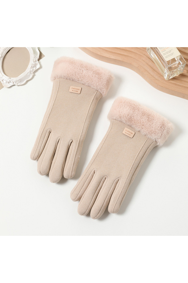 One Size Beige 1pair Soft Comfortable Beige touchscreen Women Gloves With Plush lining outdoor leisu