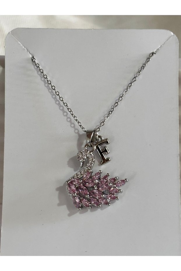 316L Steel Pink Zircon Stone Swan F Letter Necklace