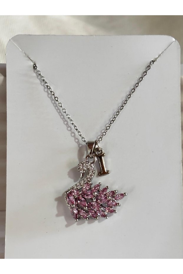 316L Steel Pink Zircon Stone Swan I Letter Necklace
