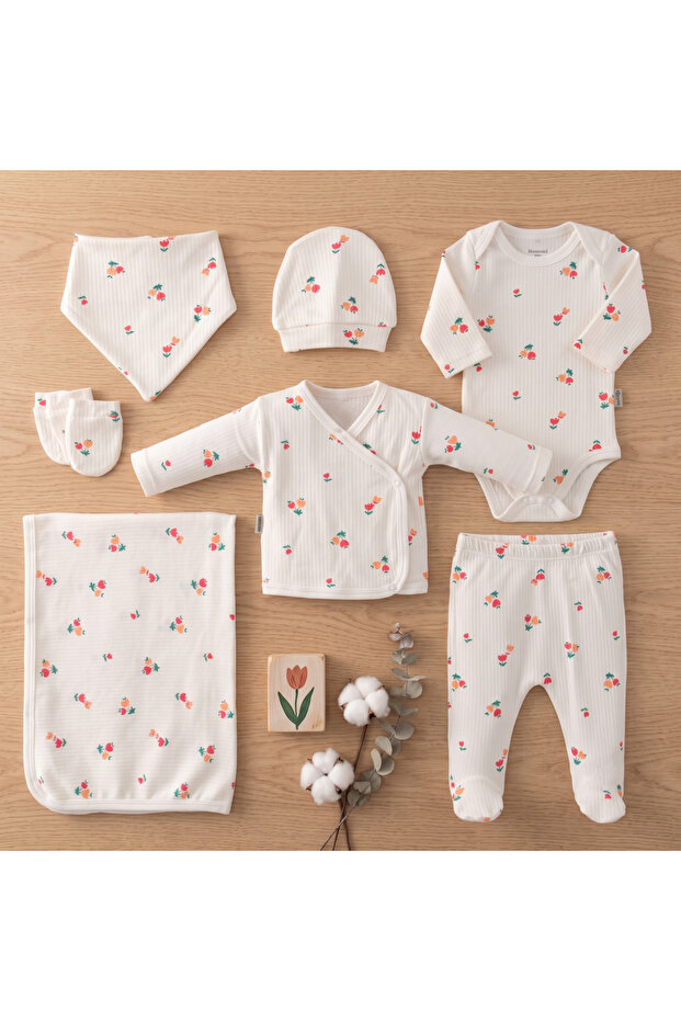 7 Pieces 100% Cotton Ribbed Combed Fabric Floral Printed Newborn Hospital Release Set