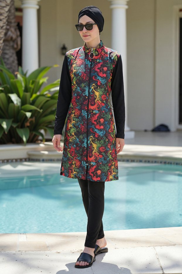 2-Piece Set (with Bonnet Gift) Lycra Sleeves, Elastic Waist, Side Slits, Burkini, Hijab Swimsuit D55