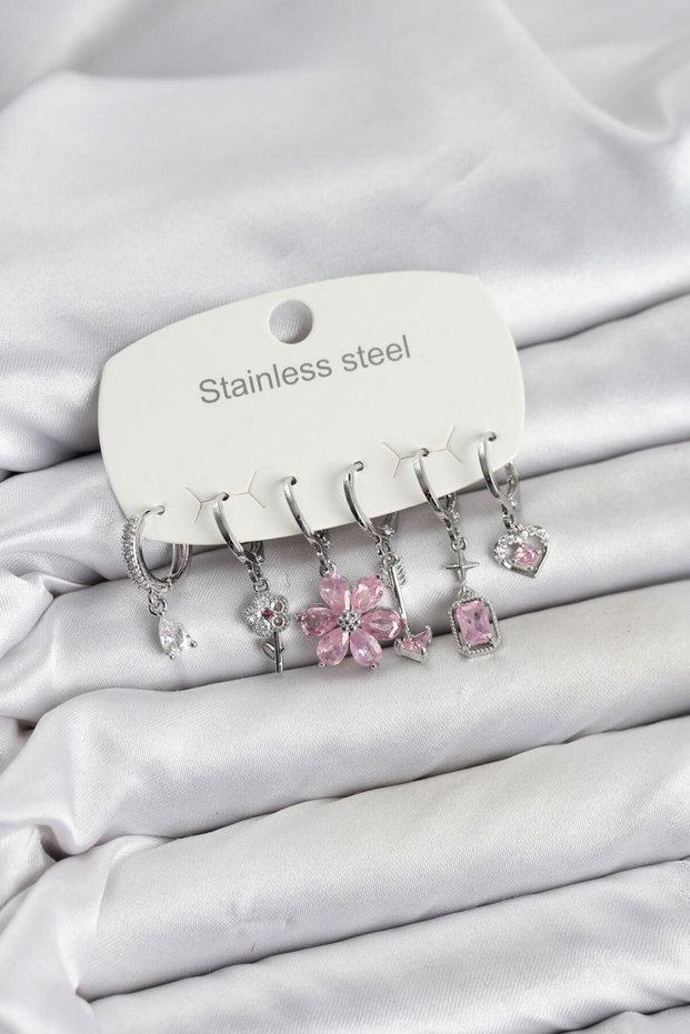 316L Steel Silver Color Pink Zircon Stone Lotus Detailed Women's Earring Set