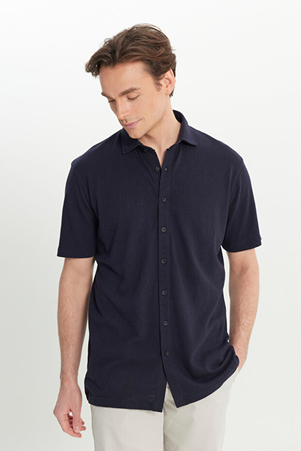 Men's Navy Blue Cotton Comfort Fit Relaxed Cut Classic Collar Knitted Shirt
