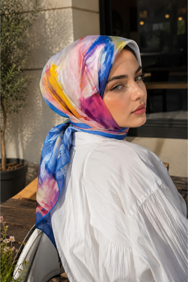 Modern Floral Pattern Scarf Series Cobalt Blue