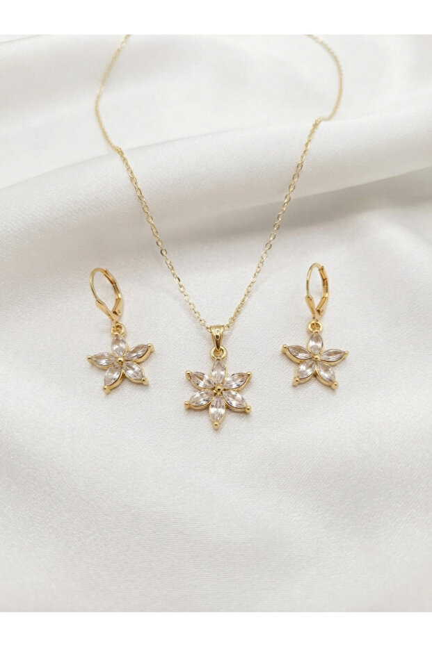 Women's White Zircon Stone Lotus Necklace and Earring Set