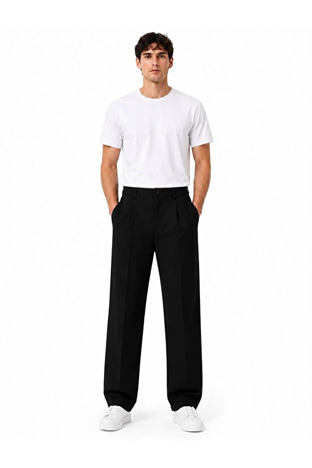 Men's Pleated Half Elastic Baggy Fabric Trousers