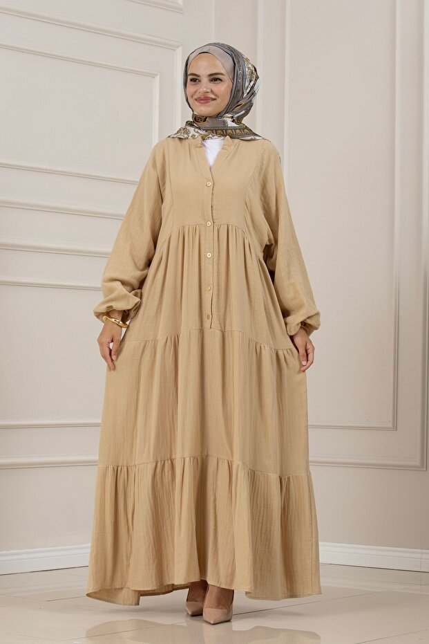 Muslin Fabric Robalı İvana Dress-Beige