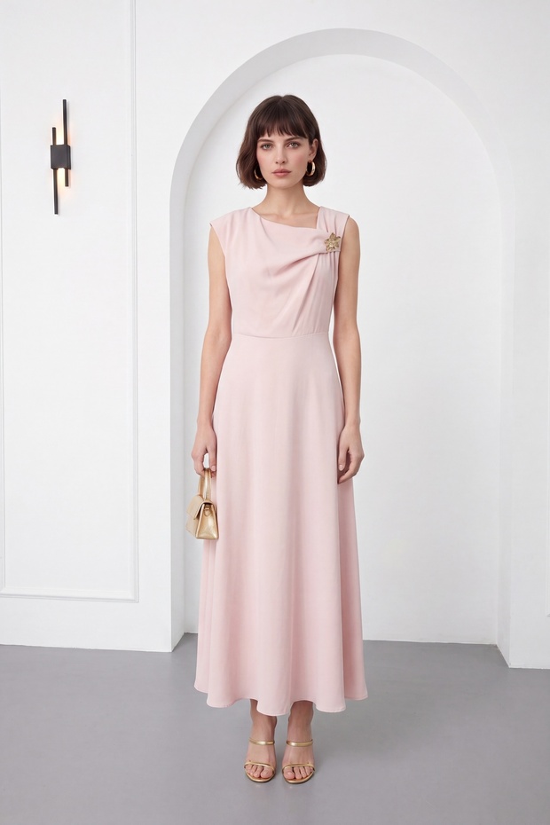 Women's Powder Color Crew Neck Accessory Detailed Midi Flared Event Dress
