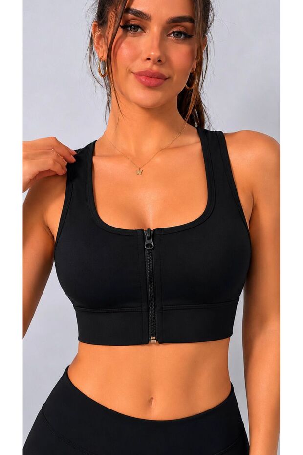 Black Padded Zippered Sports Bustier Gathering Crop Supportive Sports Bra