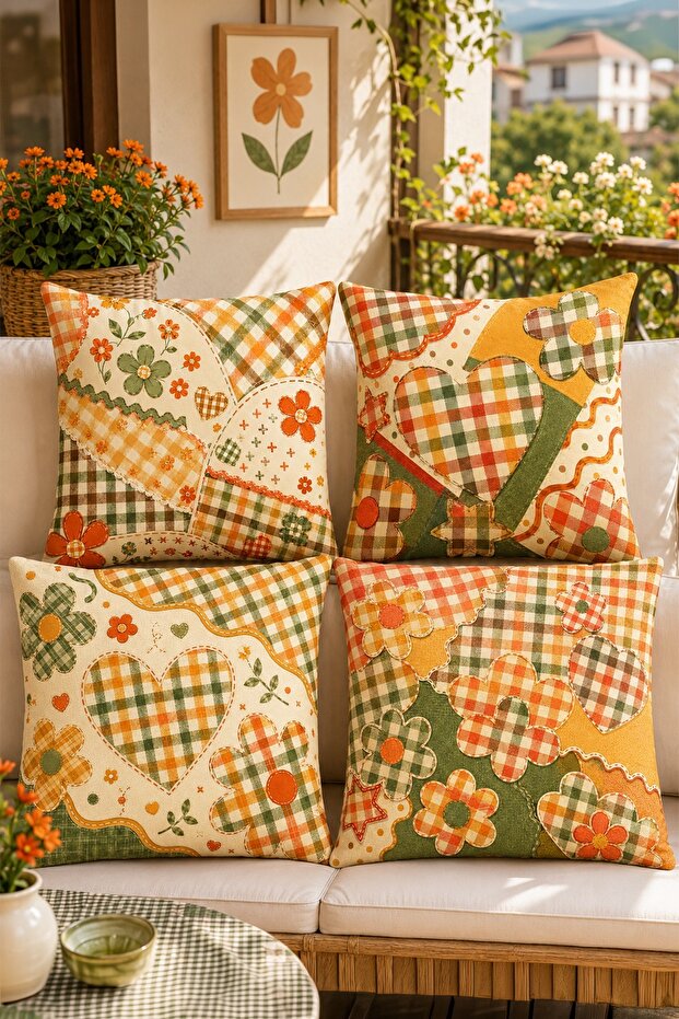 Kırkyama Hearts Patterned 4-Piece Throw Pillow Cover Set