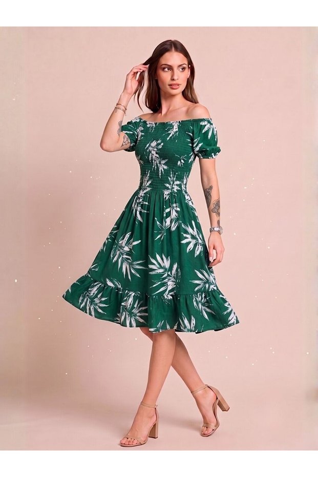 Women's Green Watermelon Sleeve Short Dress with Leaf Pattern