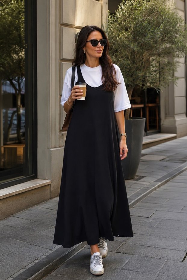 Women's Casual T-Shirt and Suspender Long Dress Two-Piece Set