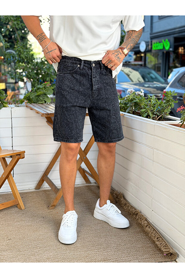Ethnic Patterned Regular Denim Shorts